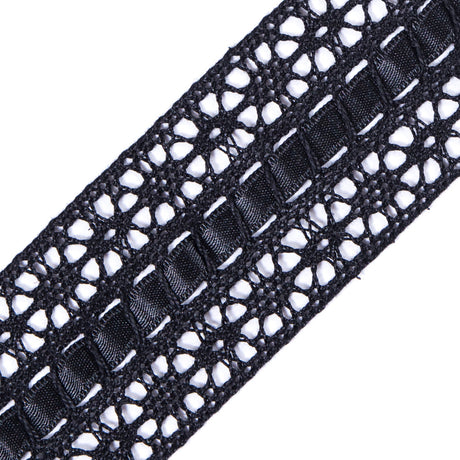 European Black Crochet Trim with Satin Ribbon Detail - 1.5"