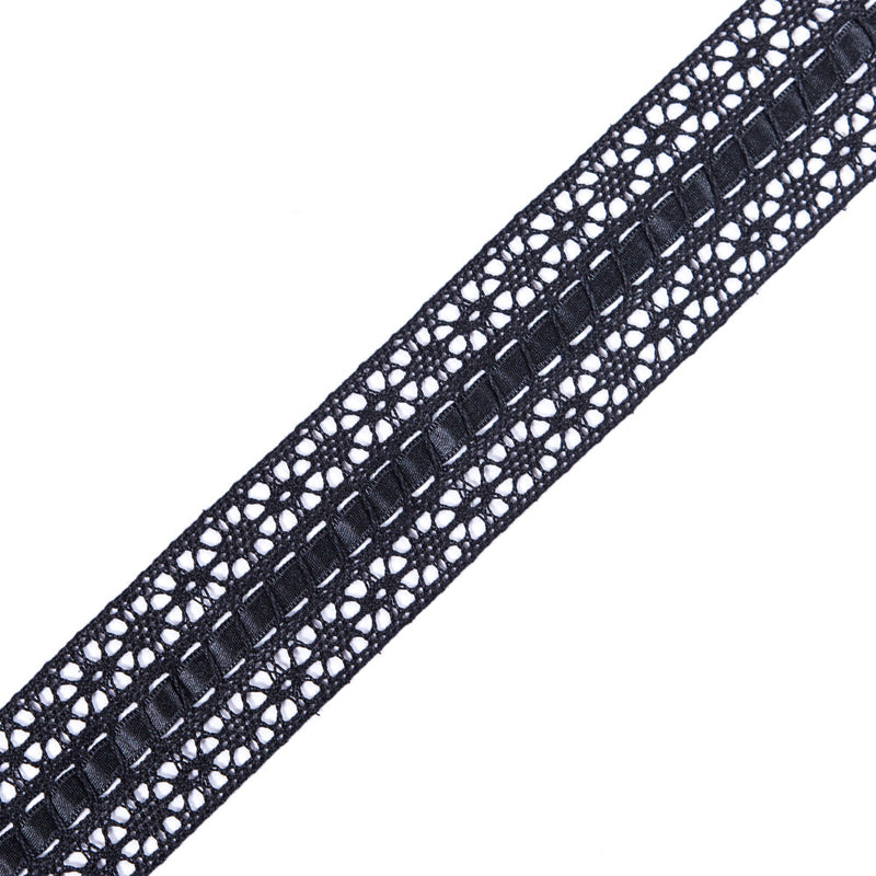 European Black Crochet Trim with Satin Ribbon Detail - 1.5"