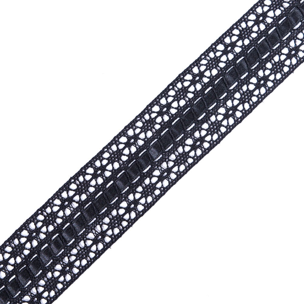 European Black Crochet Trim with Satin Ribbon Detail - 1.5"