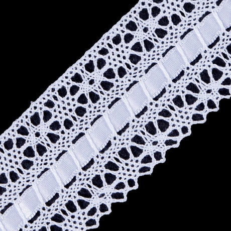 European White Scalloped Crochet Trim with Ribbon Detail - 1.5"