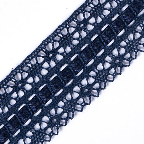 European Navy Scalloped Crochet Trim with Ribbon Detail - 1.5"