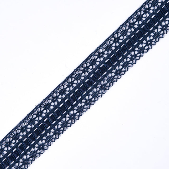 European Navy Scalloped Crochet Trim with Ribbon Detail - 1.5"