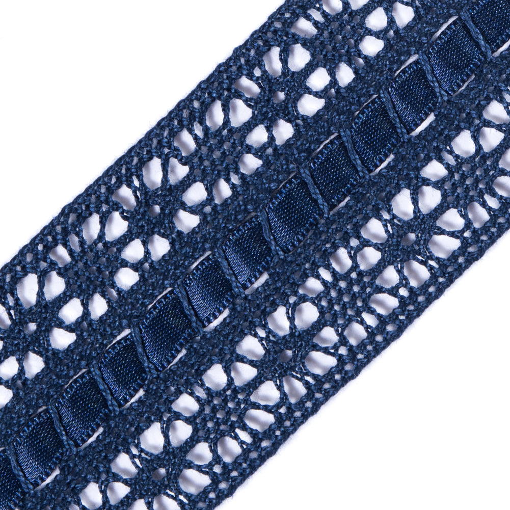 European Navy Crochet Trim with Satin Ribbon Detail - 1.5"