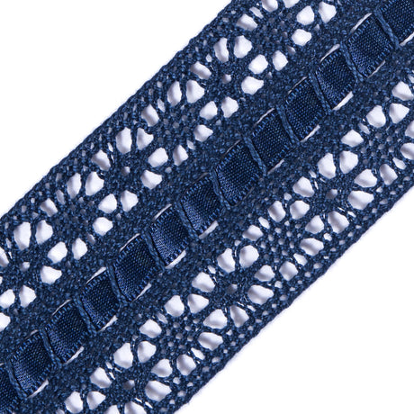 European Navy Crochet Trim with Satin Ribbon Detail - 1.5"