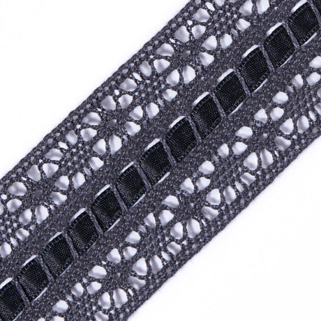 European Gray Crochet Trim with Satin Ribbon Detail - 1.5"