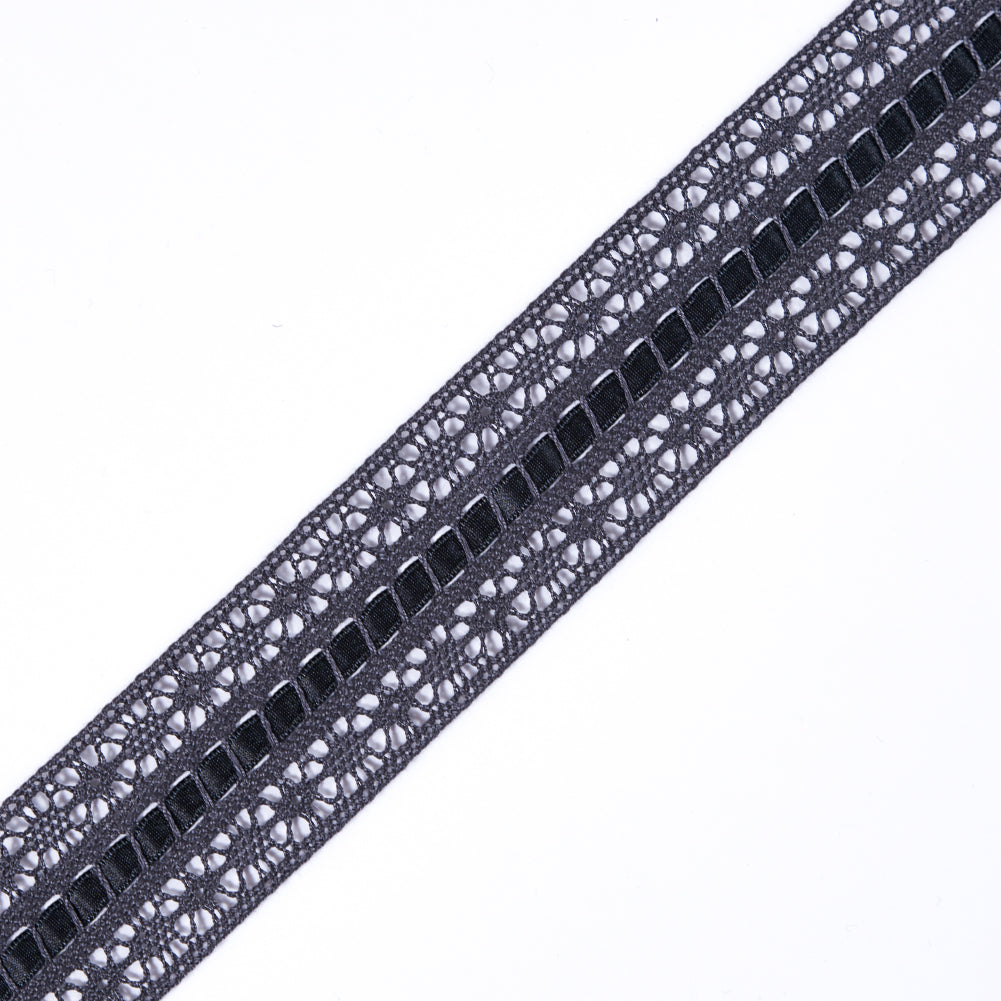 European Gray Crochet Trim with Satin Ribbon Detail - 1.5"