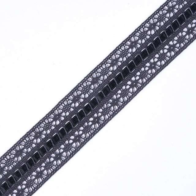European Gray Crochet Trim with Satin Ribbon Detail - 1.5"