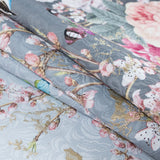 Birds and Branches Digitally Printed on a Gray Butterfly Jacquard with Metallic Gold Embroidery