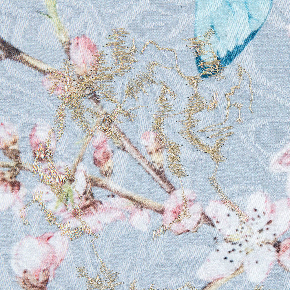 Birds and Branches Digitally Printed on a Gray Butterfly Jacquard with Metallic Gold Embroidery