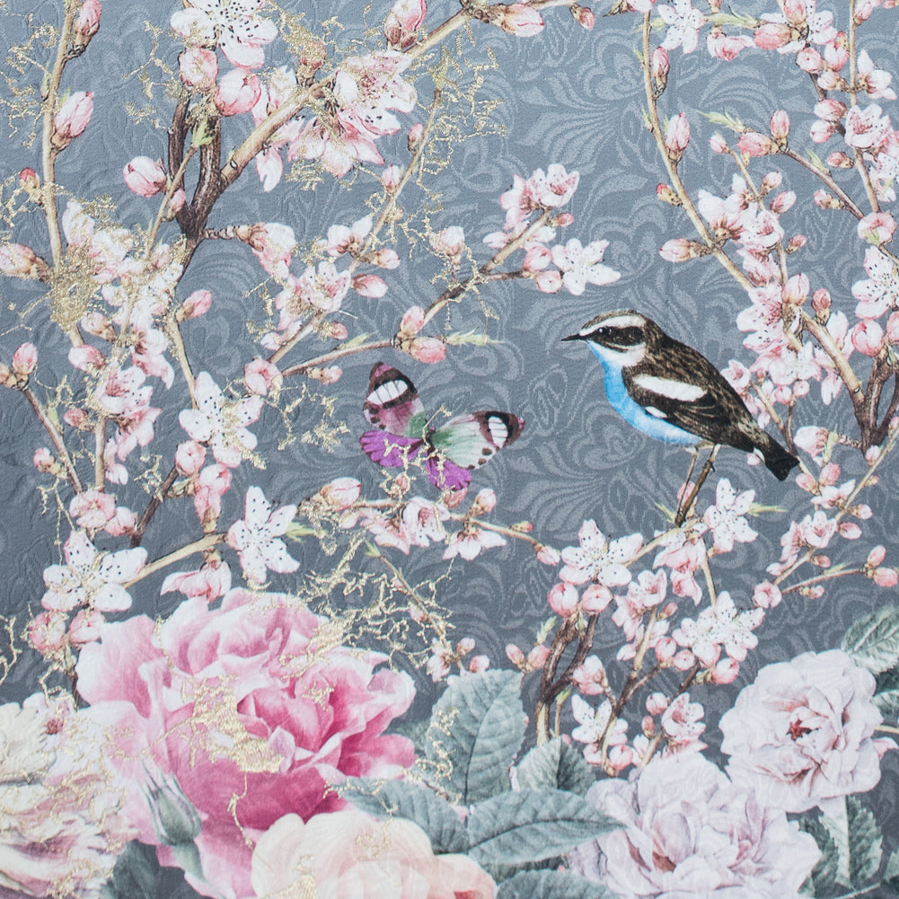 Birds and Branches Digitally Printed on a Gray Butterfly Jacquard with Metallic Gold Embroidery