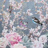 Birds and Branches Digitally Printed on a Gray Butterfly Jacquard with Metallic Gold Embroidery