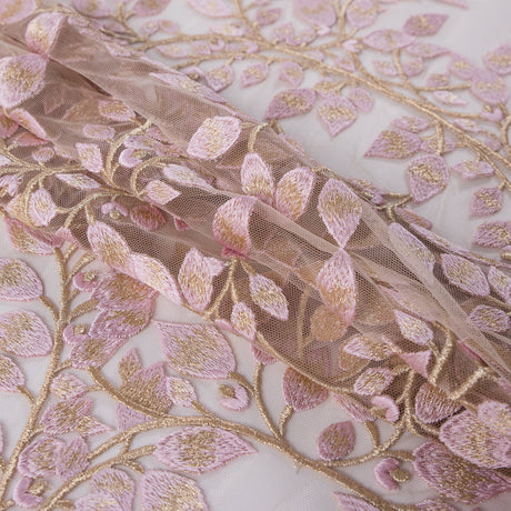 Pink and Metallic Gold Floral Novelty Embroidered Mesh
