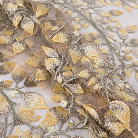 Yellow and Metallic Gold Floral Novelty Embroidered Mesh