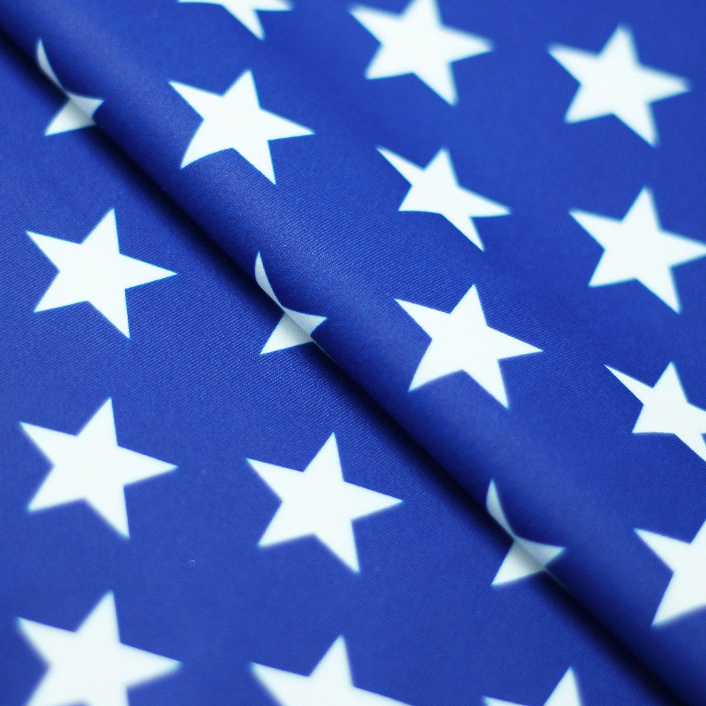 Stars Royale Polyester Spandex Fabric - Royal Blue And Navy, White Stars Print, 58/60" Width (1 Yard)