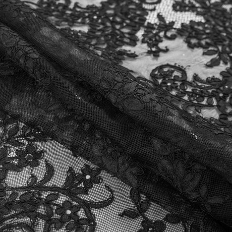 Fancy Corded Lace with Scalloped Eyelash Edges - Black Floral