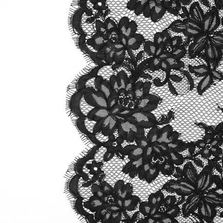 Fancy Corded Lace with Scalloped Eyelash Edges - Black Floral