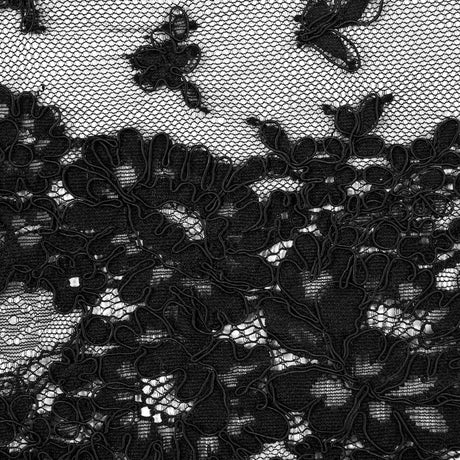 Fancy Corded Lace with Scalloped Eyelash Edges - Black Floral Twists