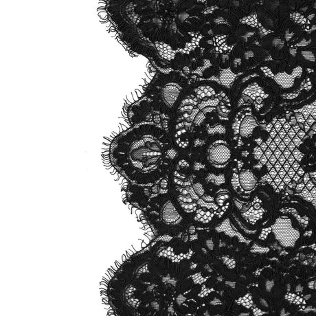 Fancy Corded Lace with Scalloped Eyelash Edges - Black Floral Twists