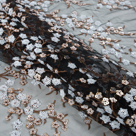 Stretch Net with Sequins - White and Copper Fancy Floral Clusters on Black