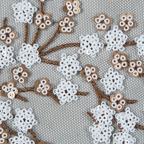 Stretch Net with Sequins - White and Copper Fancy Floral Clusters on Black