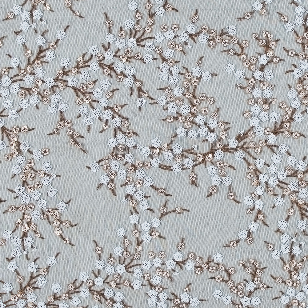Stretch Net with Sequins - White and Copper Fancy Floral Clusters on Black
