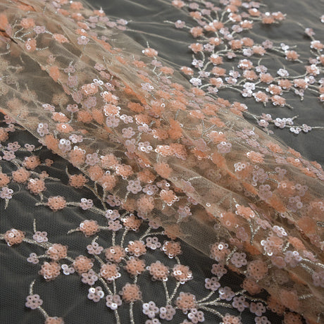 Stretch Net with Sequins - Salmon and Silver Fancy Floral Clusters on Nude