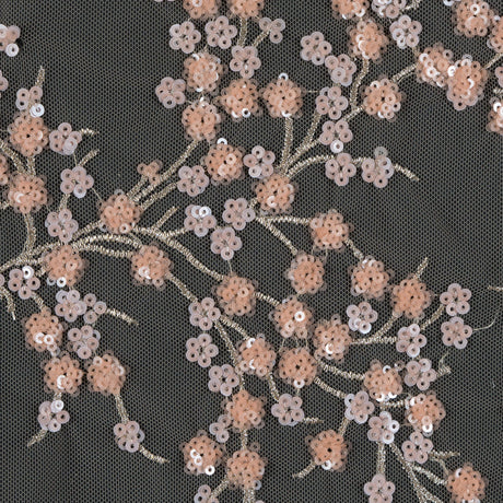 Stretch Net with Sequins - Salmon and Silver Fancy Floral Clusters on Nude