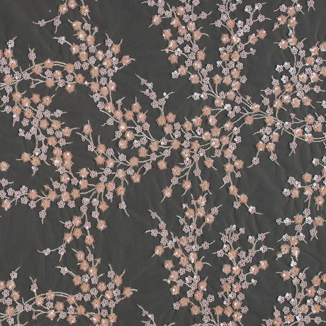 Stretch Net with Sequins - Salmon and Silver Fancy Floral Clusters on Nude