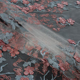 3D Embroidered Stretch Netting Lace - Ribbon Red and Gray Mist Floral