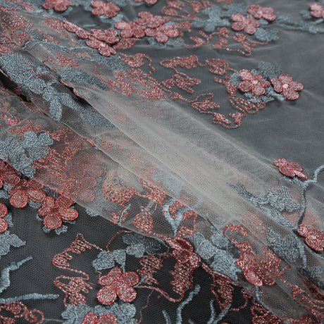 3D Embroidered Stretch Netting Lace - Ribbon Red and Gray Mist Floral