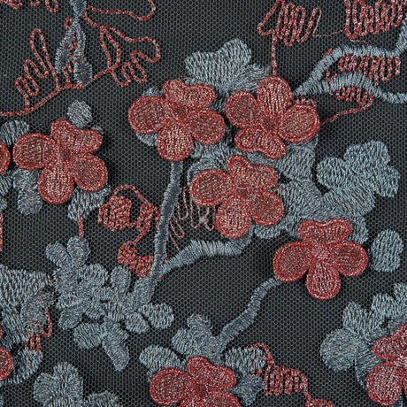 3D Embroidered Stretch Netting Lace - Ribbon Red and Gray Mist Floral