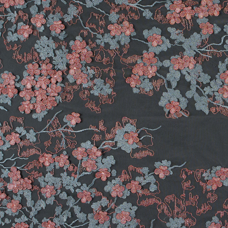 3D Embroidered Stretch Netting Lace - Ribbon Red and Gray Mist Floral
