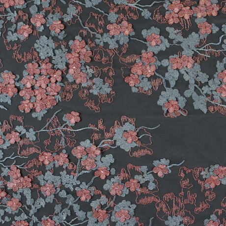 3D Embroidered Stretch Netting Lace - Ribbon Red and Gray Mist Floral