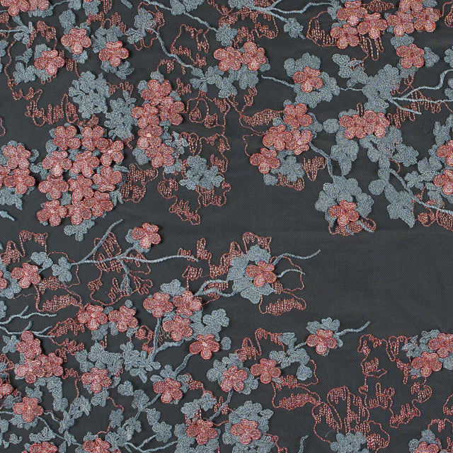 3D Embroidered Stretch Netting Lace - Ribbon Red and Gray Mist Floral