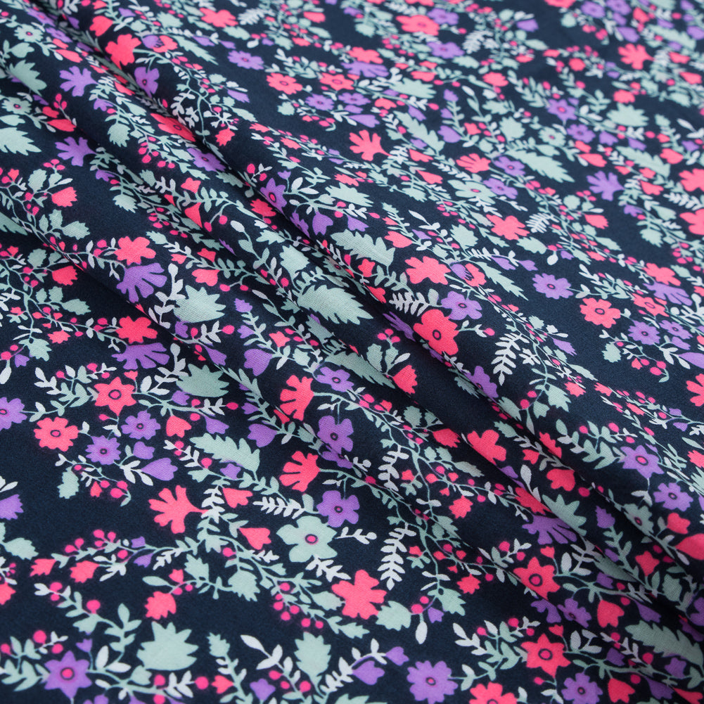 Cotton Voile Print - Hot Pink, Pale Aqua and Black Iris Floral