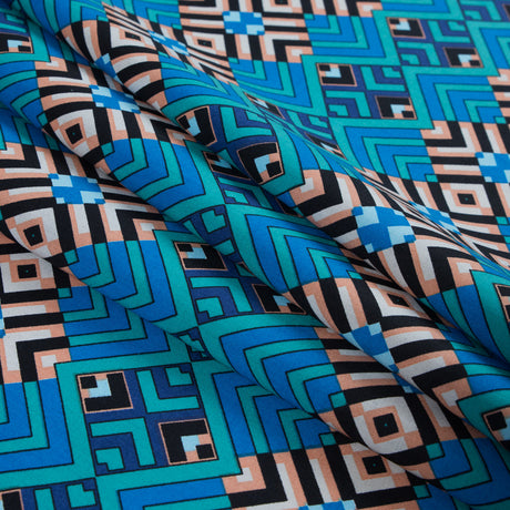 Campanula Blue and Shell Coral Geometric Cotton Poplin