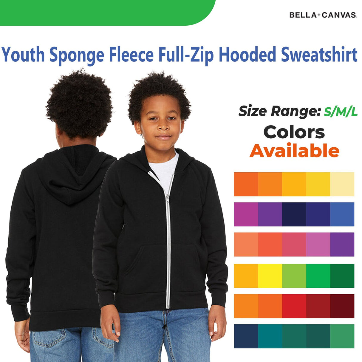 Bella + Canvas® Youth Sponge Fleece Full Zip Hooded Sweatshirt