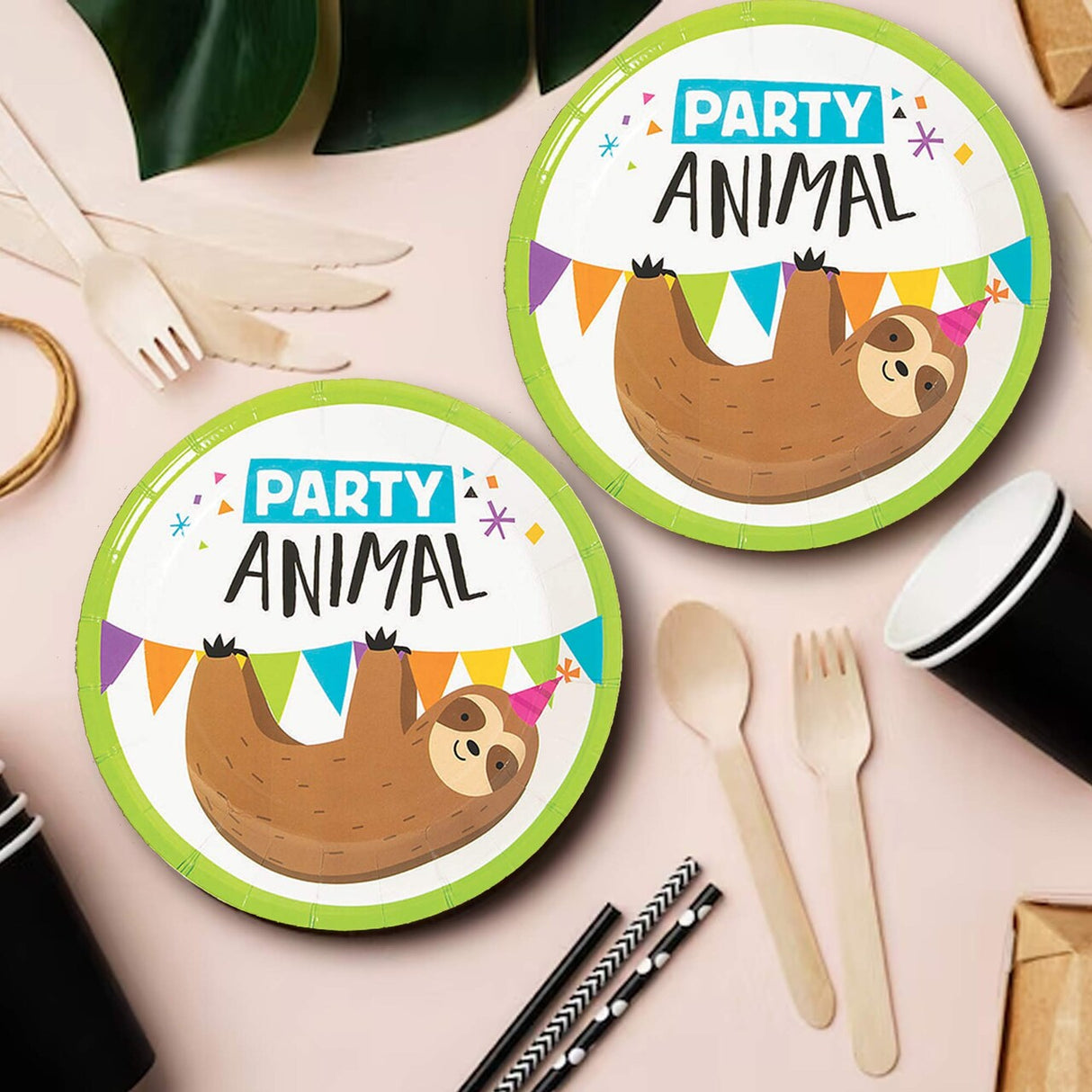 8 Ct. Party Animal Sloth Paper Dessert Plates 7" Disposable Plates, Cute Sloth Birthday Party Tableware