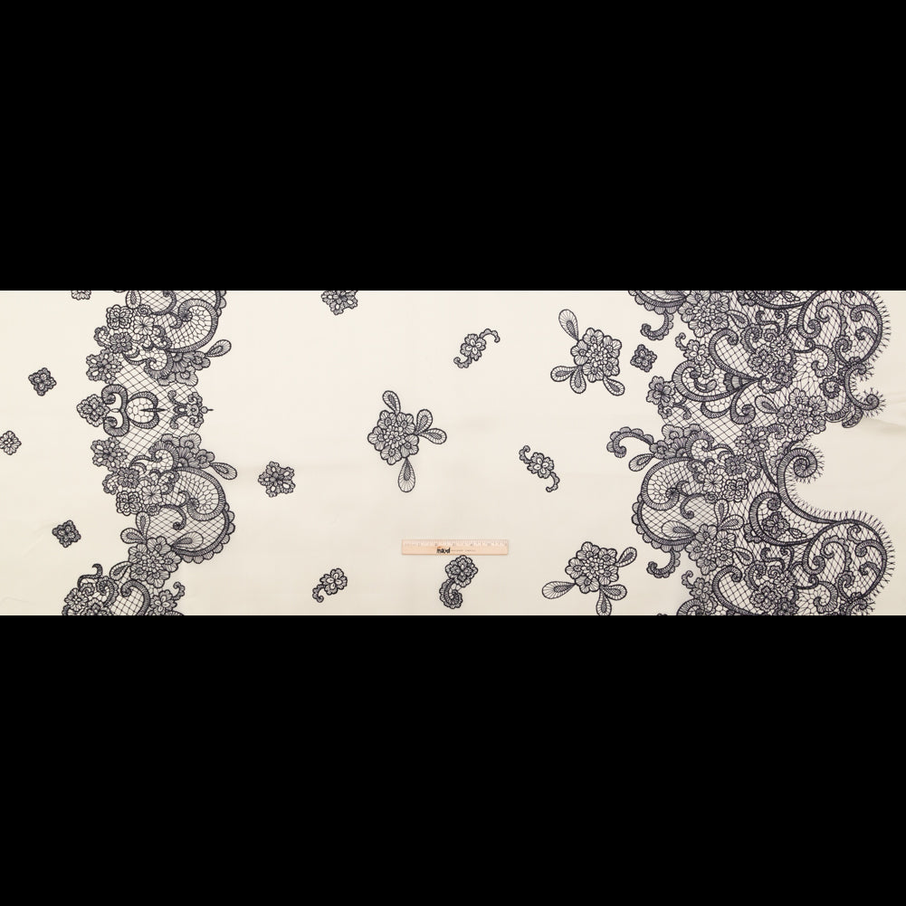 Mood Exclusive Italian Black on Putty Floral Lace Border Digitally Printed Silk Organza