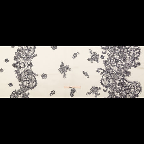 Mood Exclusive Italian Black on Putty Floral Lace Border Digitally Printed Silk Organza