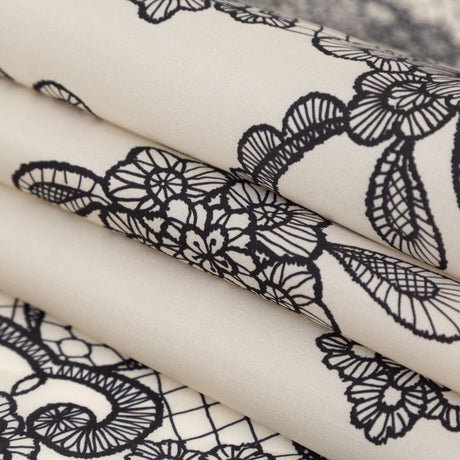Mood Exclusive Italian Black on Putty Floral Lace Border Digitally Printed Silk Organza
