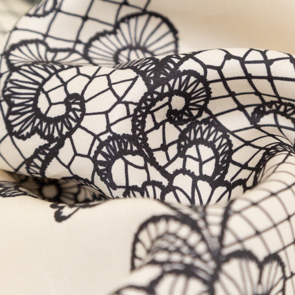 Mood Exclusive Italian Black on Putty Floral Lace Border Digitally Printed Silk Organza
