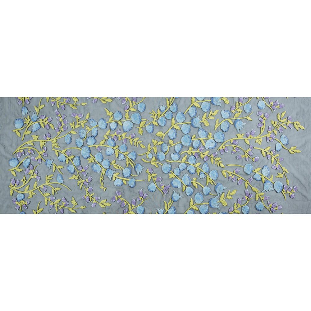 Sunny Lime, Orchid Bloom and Blue Bell Floral Embroidered Lace on Black Tulle