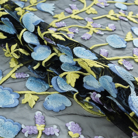 Sunny Lime, Orchid Bloom and Blue Bell Floral Embroidered Lace on Black Tulle