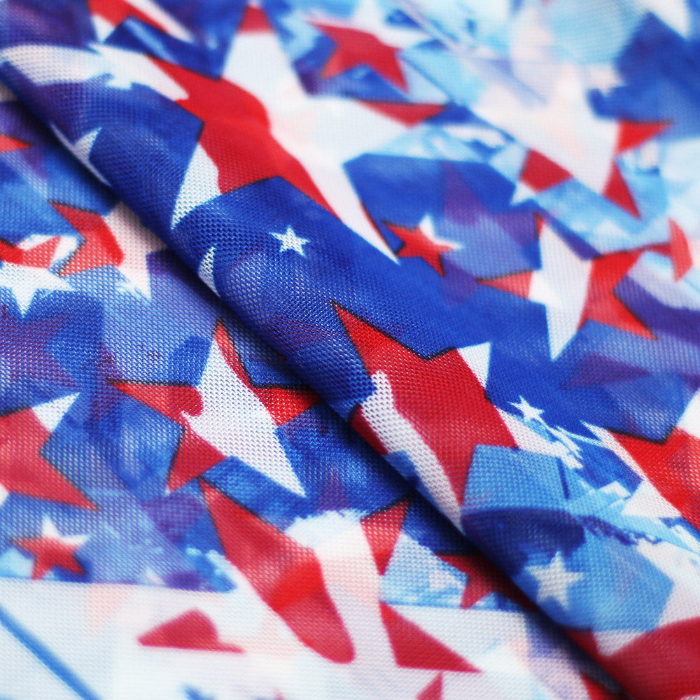 Star Spangled Polyester Spandex Fabric - American Flag Print, Red And White Stars On Blue, 58-60" Width, 240 GSM (1 Yard)
