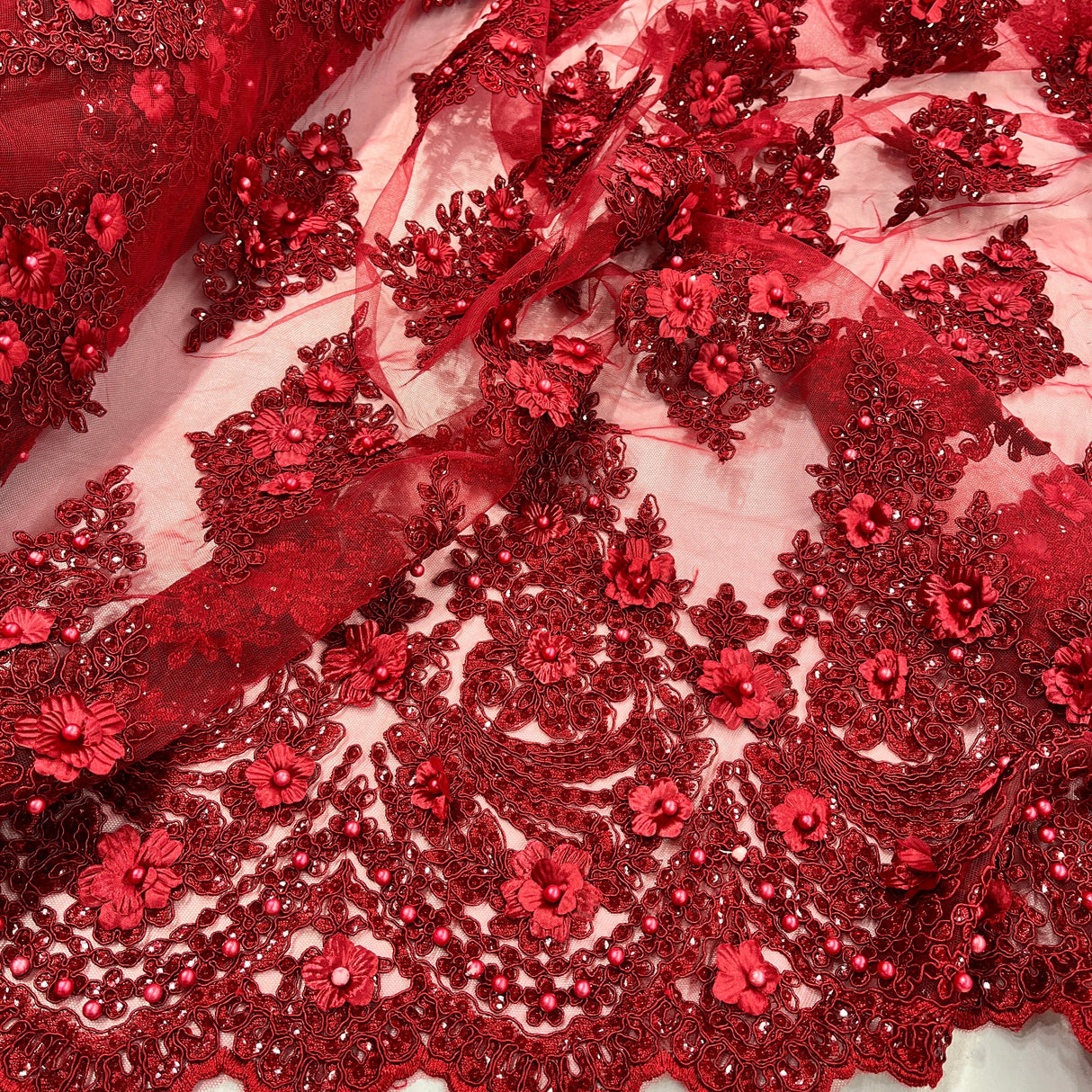 Beaded 3D Floral Lace Mesh