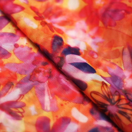 Crazy Daisy Polyester Spandex Fabric - Pink-Orange, Blue-Green Floral Print, 58-60" Width (1 Yard)