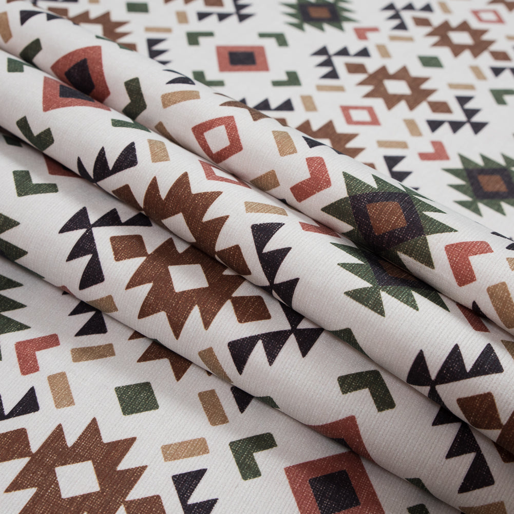 Brown and Green Geometric Printed Brushed Canvas