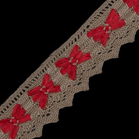 Beige and Red Crochet Chenille Trim - 1.5"