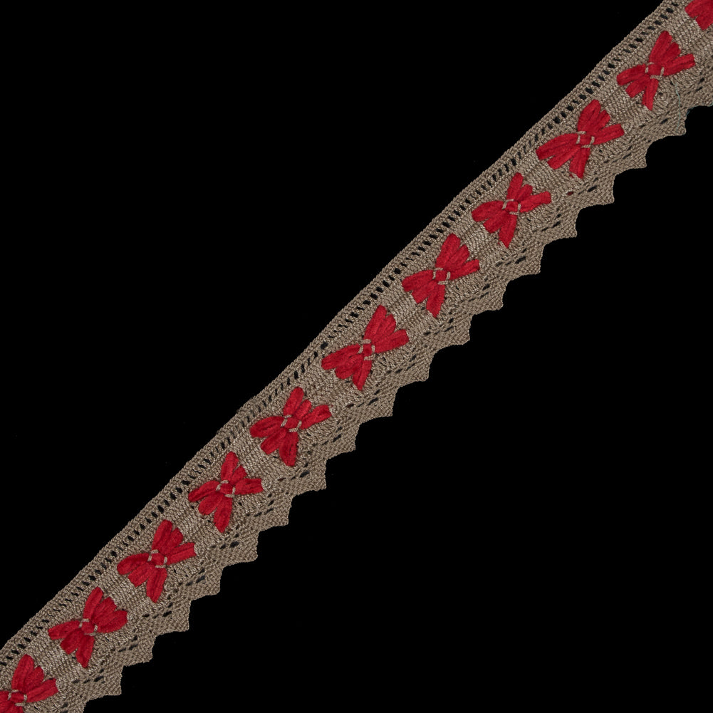 Beige and Red Crochet Chenille Trim - 1.5"